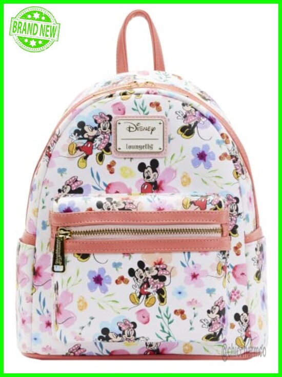 Loungefly Mickey Minnie Floral Mini Backpack Faux Leather Gold Hardware main image 4